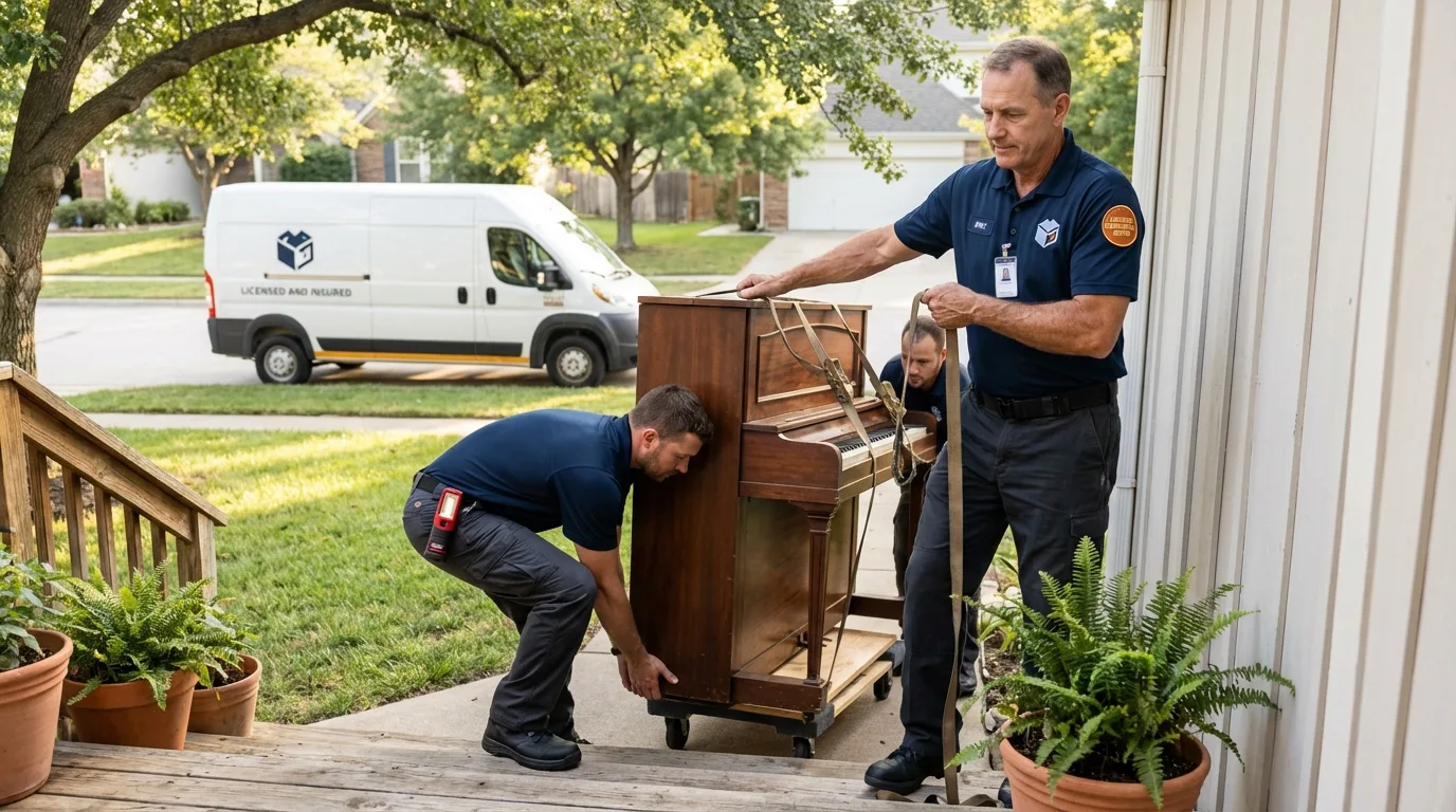 Licensed piano movers securing grand piano in Weston, MO