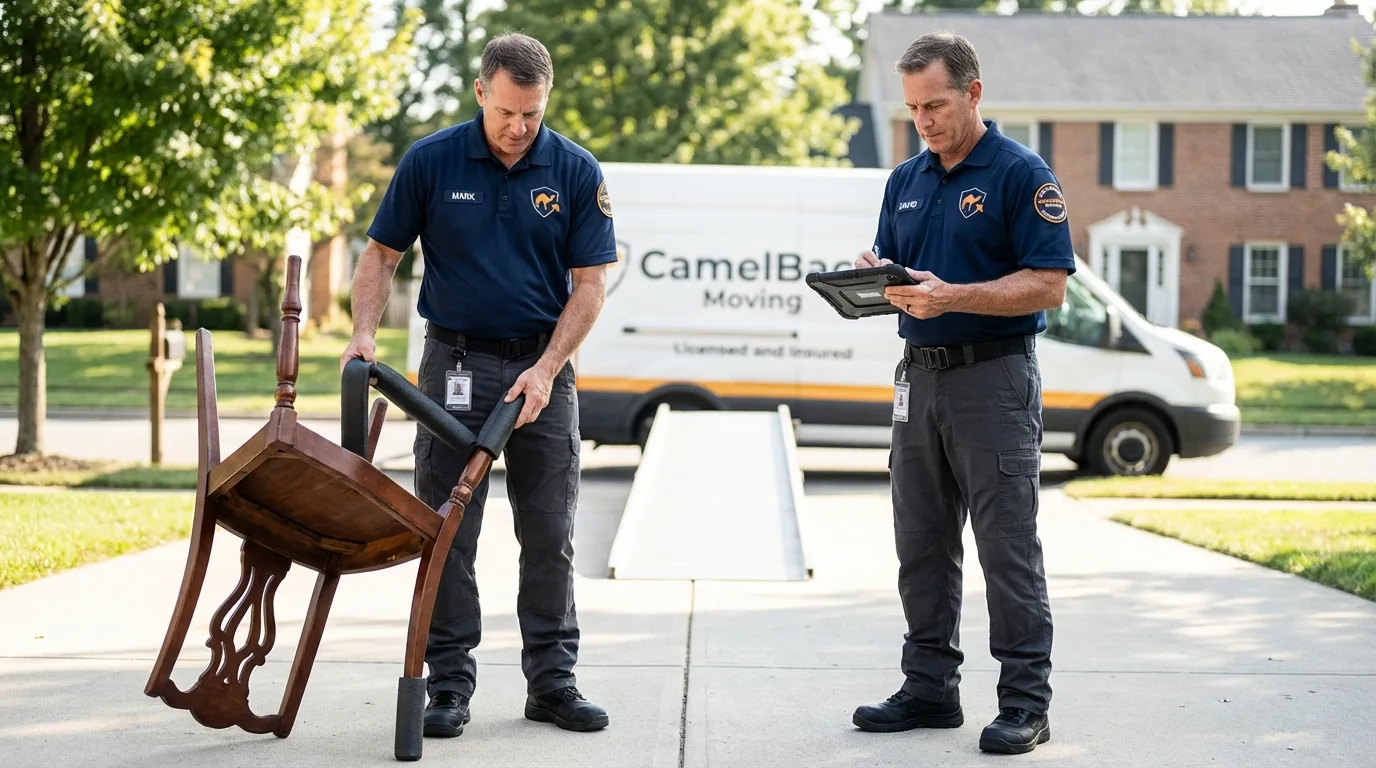Movers inspecting furniture for damage prevention before loading in Weston, MO